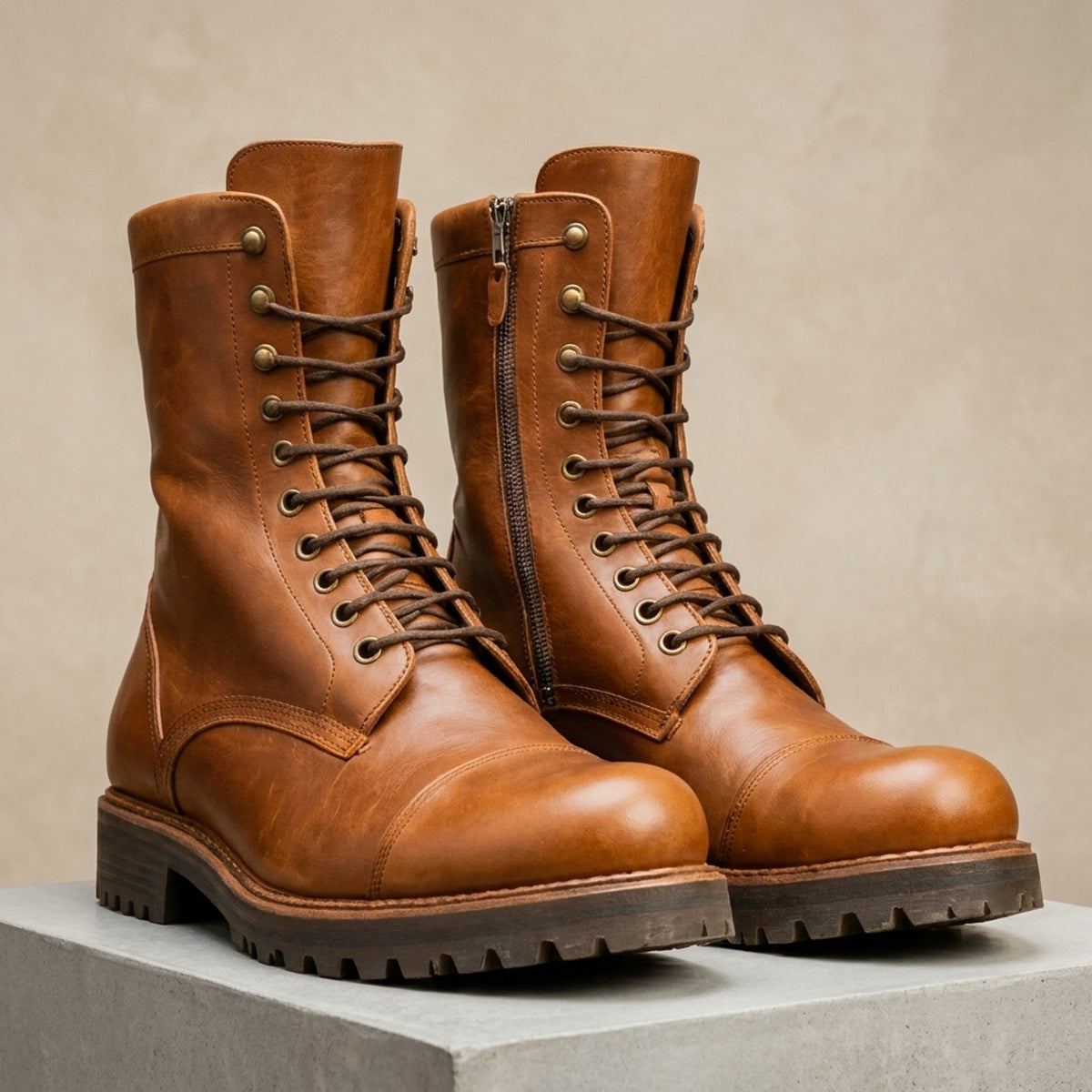 Tan Leather Monferrato Lace-Up Combat Boot
