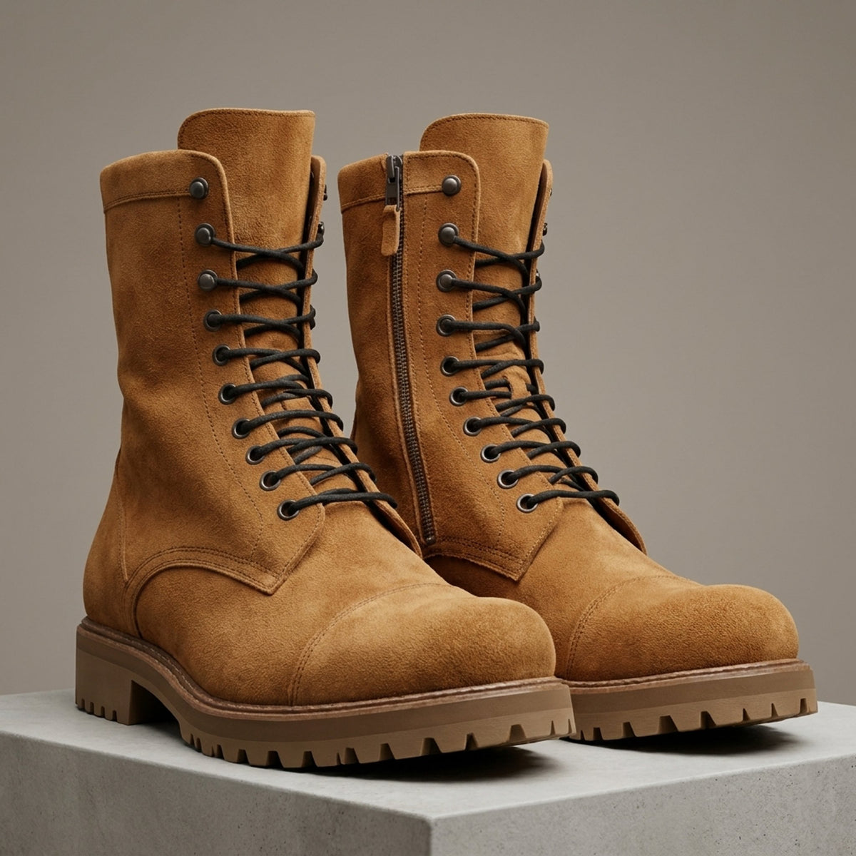 Height Increasing Tan Suede Langhe Lace-Up Combat Boot - 3 Inch Hidden Heel