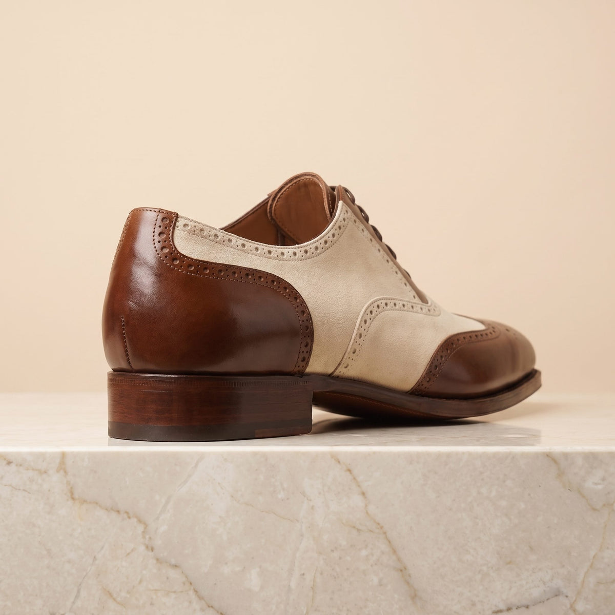 Height Increasing Cream Suede Cala Spectator Wingtip Derby - 3 Inch Hidden Heel – back view