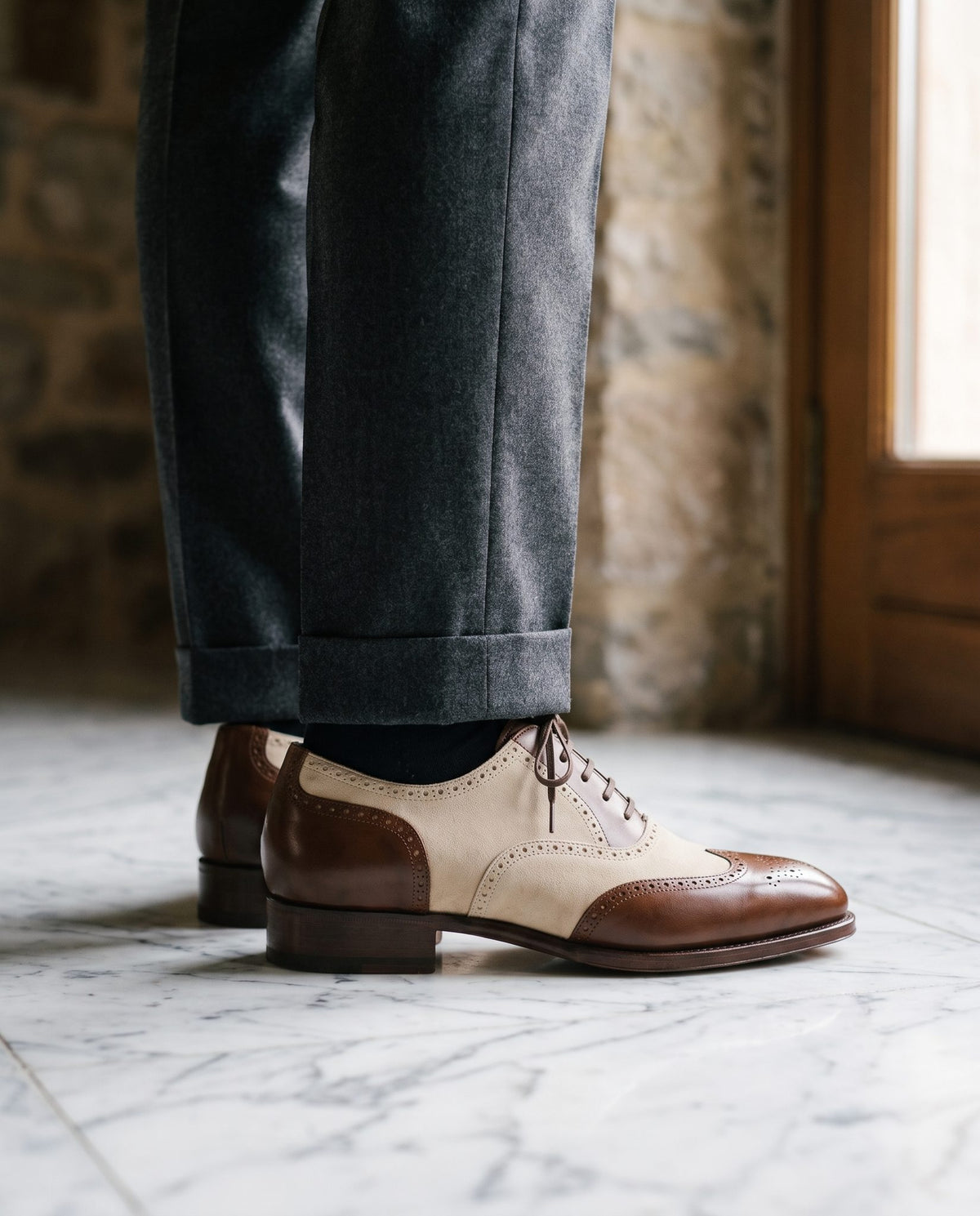 Cream Suede Cala Spectator Wingtip Derby – lifestyle