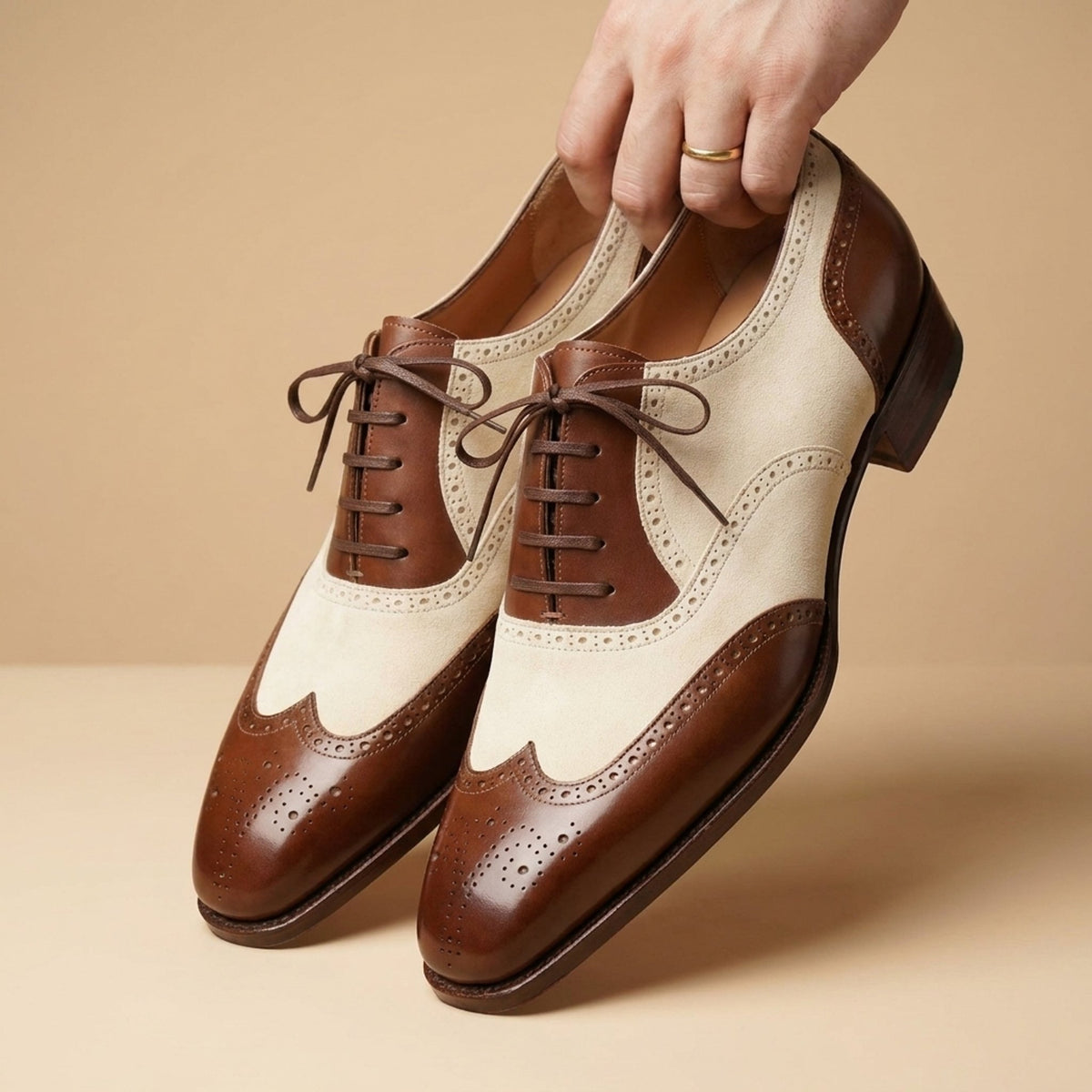 Height Increasing Cream Suede Cala Spectator Wingtip Derby - 3 Inch Hidden Heel