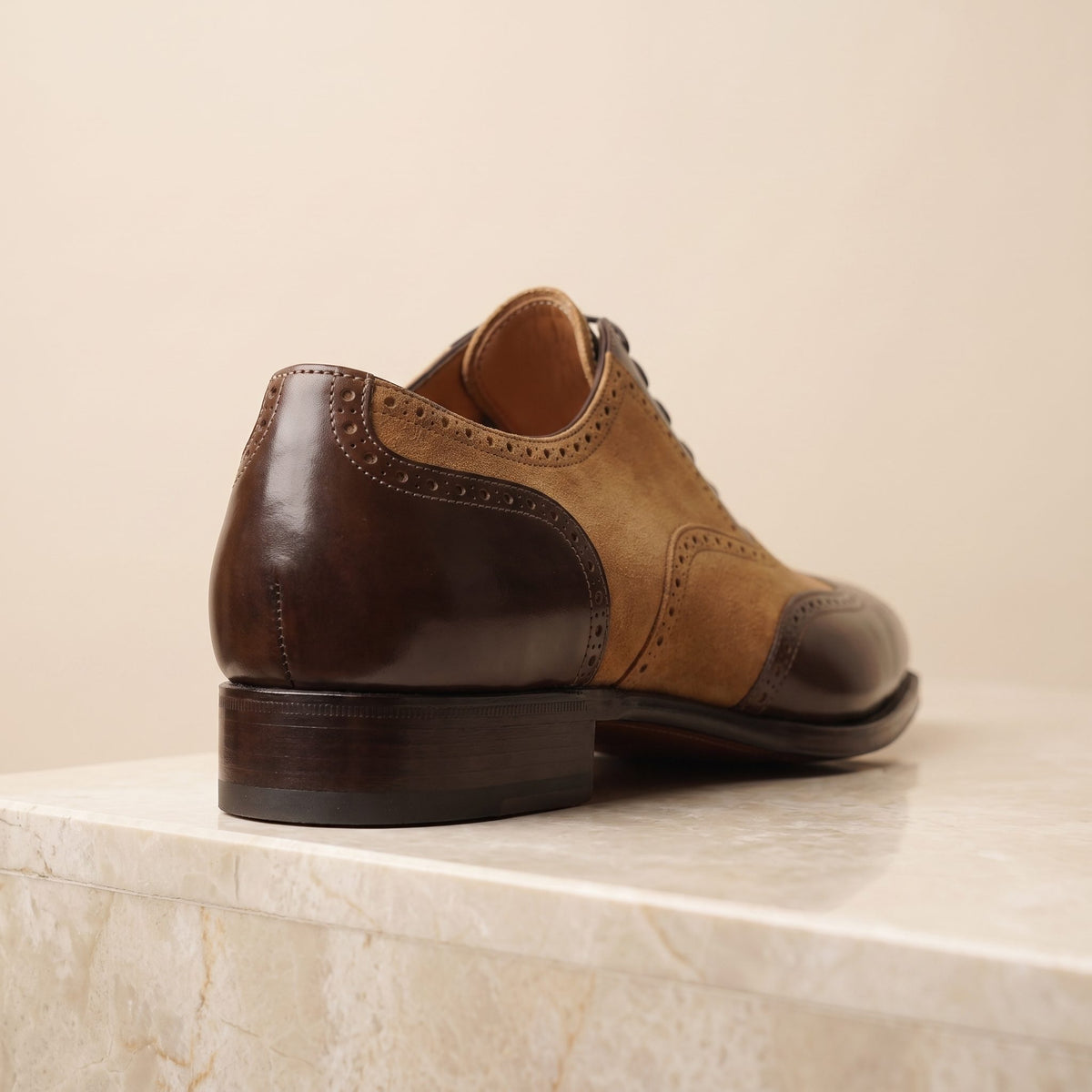 Height Increasing Tan Suede Argentario Spectator Wingtip Derby - 3 Inch Hidden Heel – back view