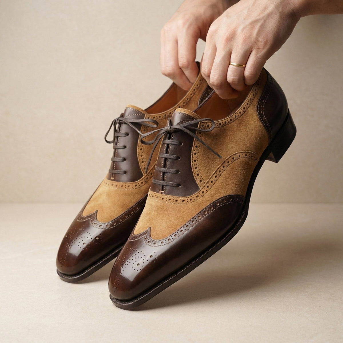 Height Increasing Tan Suede Argentario Spectator Wingtip Derby - 3 Inch Hidden Heel