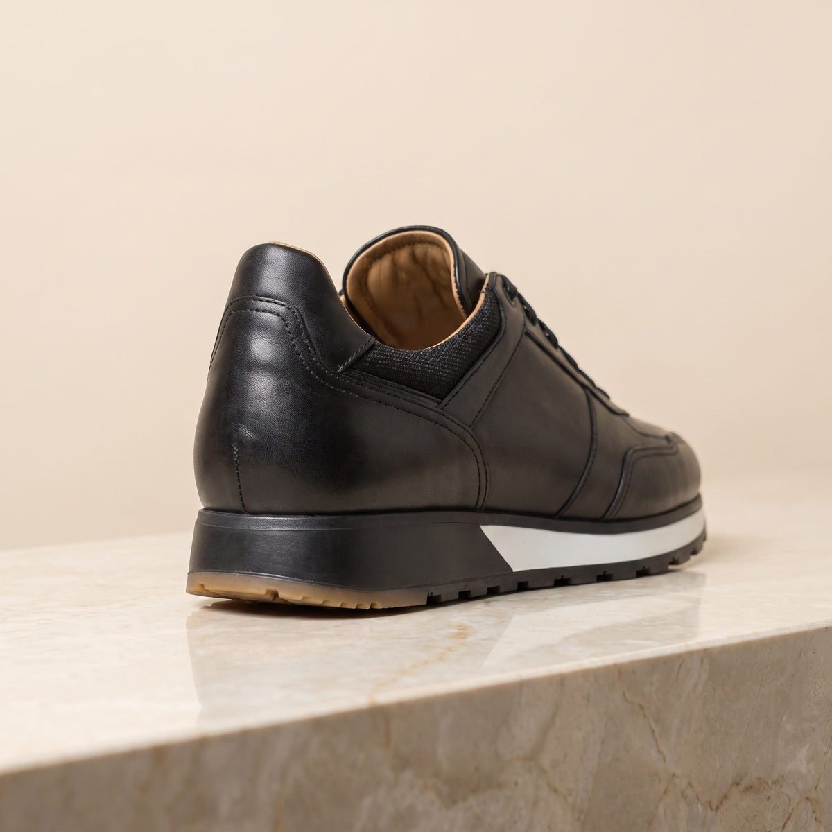 Height Increasing Black Leather Garfagnana Suede Runner - 3 Inch Hidden Heel – back view