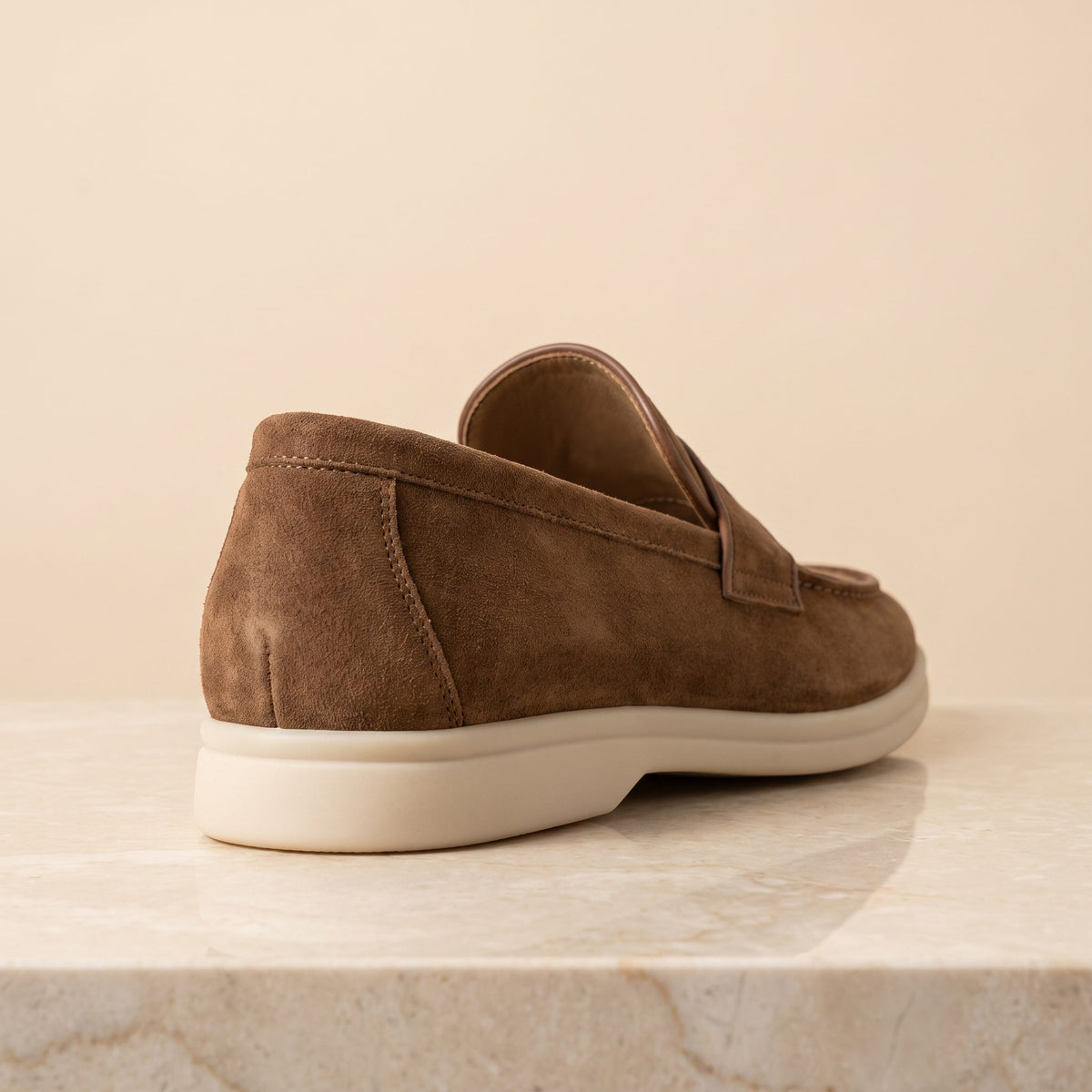 Height Increasing Brown Suede Scilla Summer Penny Loafer - 3 Inch Hidden Heel – back view