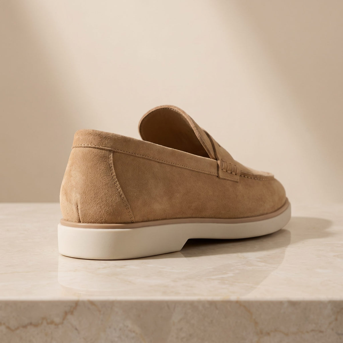 Height Increasing Tan Suede Serra Summer Penny Loafer - 3 Inch Hidden Heel – back view