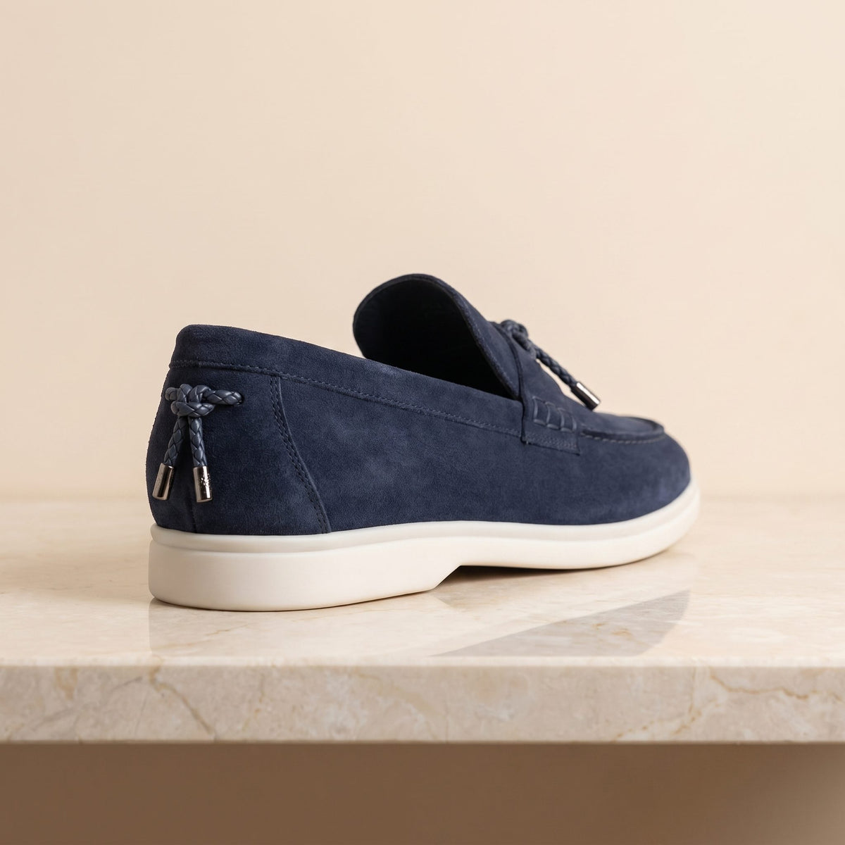 Height Increasing Navy Suede Aspromonte Summer Tassel Loafer - 3 Inch Hidden Heel – back view