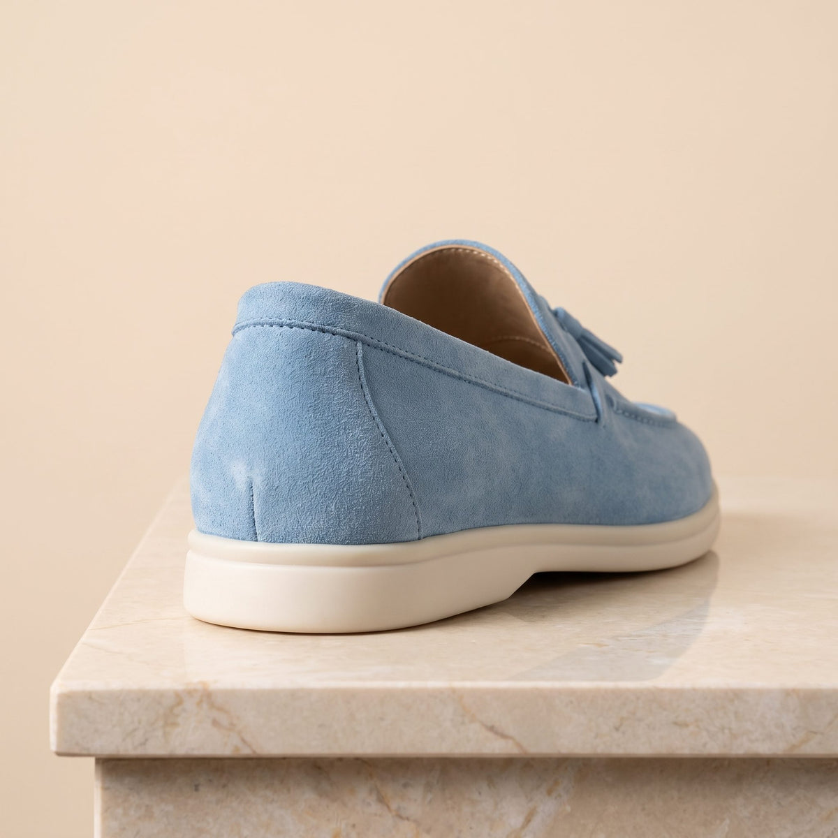 Height Increasing Sky Blue Suede Salento Summer Tassel Loafer - 3 Inch Hidden Heel – back view
