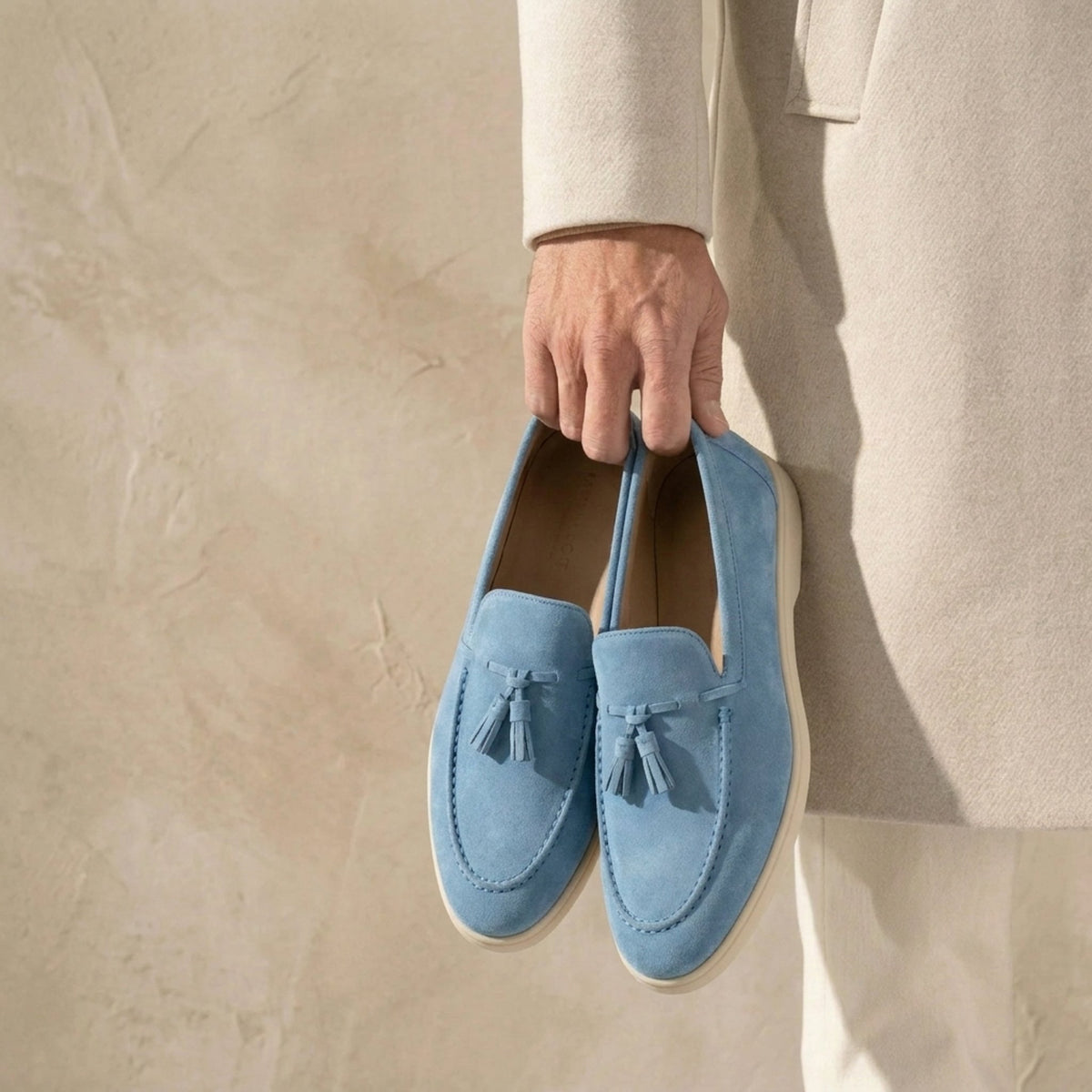 Height Increasing Sky Blue Suede Salento Summer Tassel Loafer - 3 Inch Hidden Heel