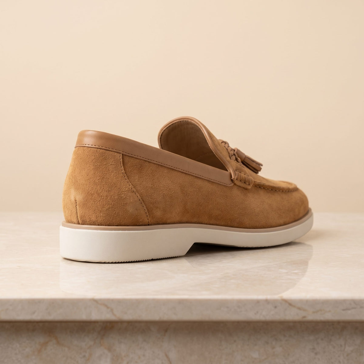 Height Increasing Tan Suede Nardo Summer Tassel Loafer - 3 Inch Hidden Heel – back view