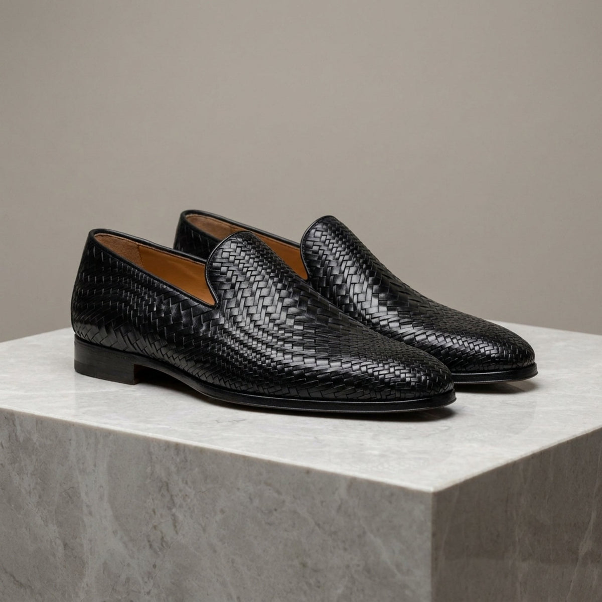 Height Increasing Black Leather Ceglie Woven Loafer - 3 Inch Hidden Heel