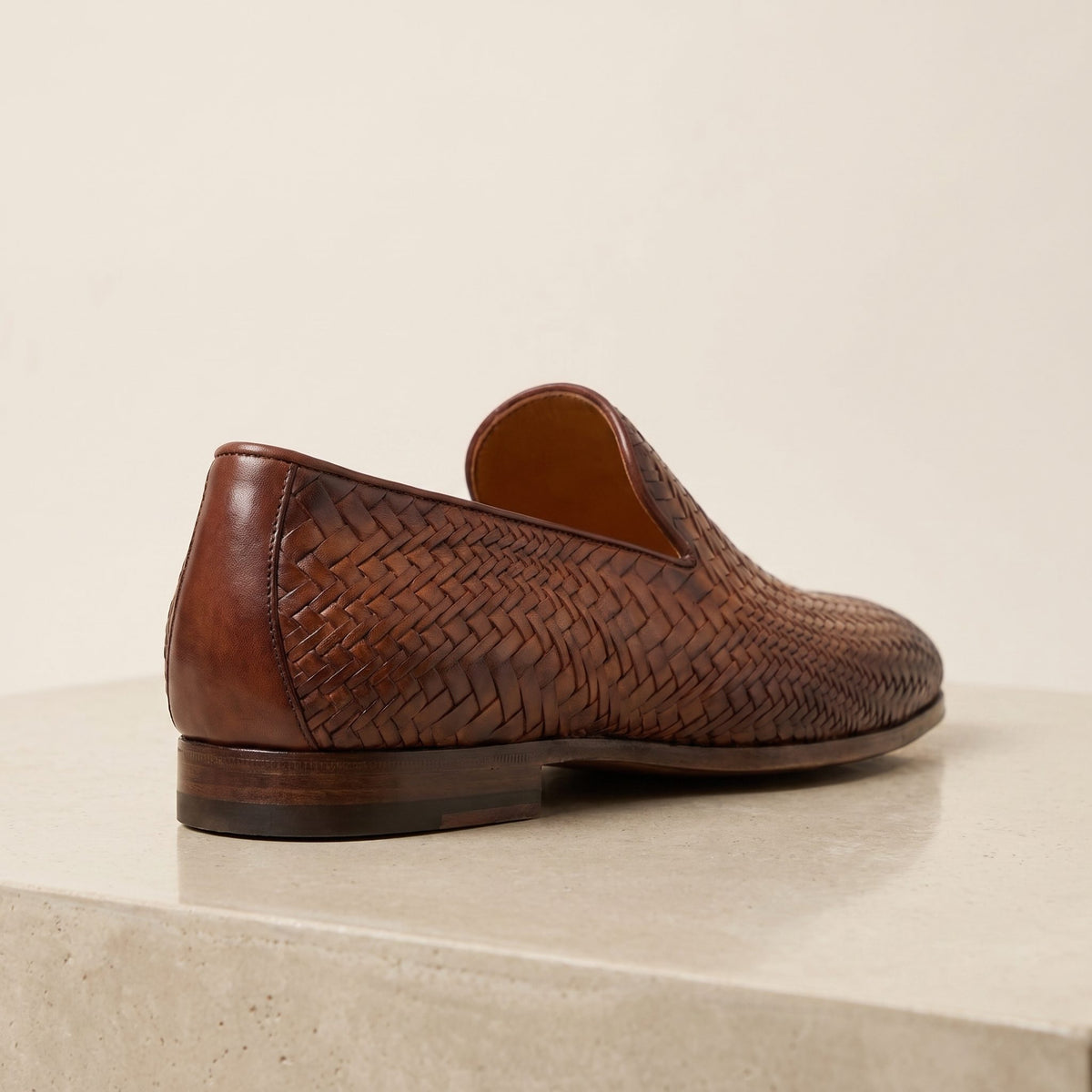 Height Increasing Brown Leather Savelletri Woven Loafer - 3 Inch Hidden Heel – back view