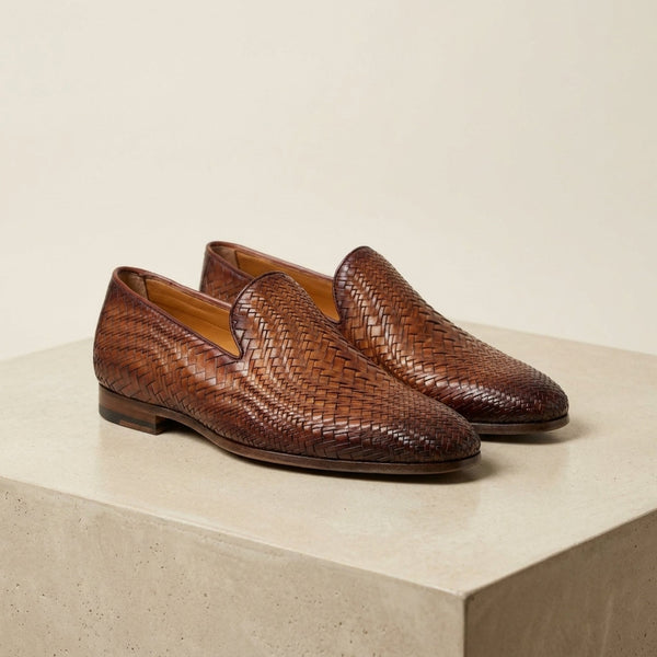 Height Increasing Brown Leather Savelletri Woven Loafer - 3 Inch Hidden Heel