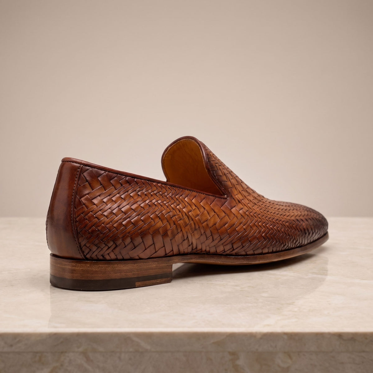 Height Increasing Tan Leather Putignano Woven Loafer - 3 Inch Hidden Heel – back view