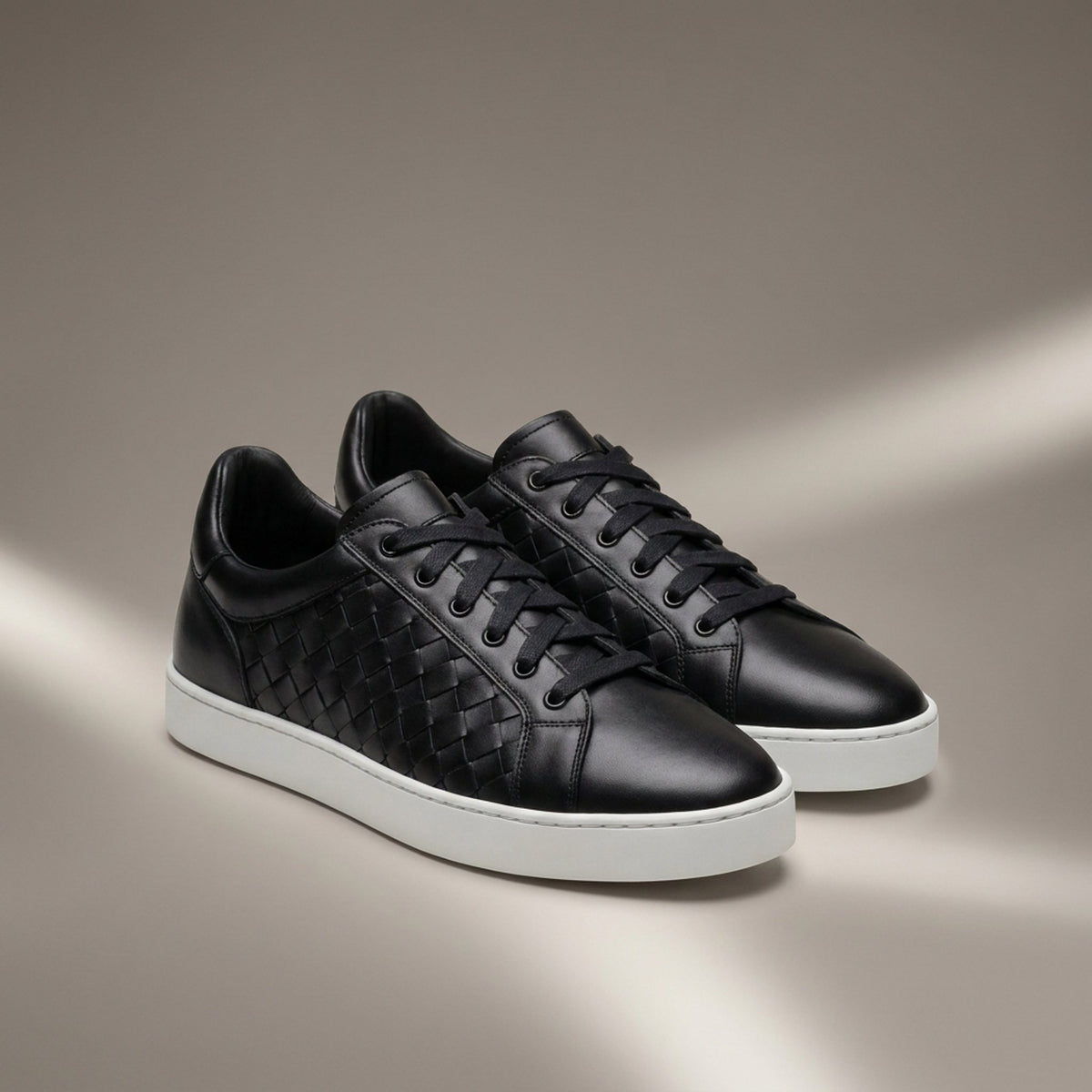 Height Increasing Black Leather Gravina Woven Sneaker - 3 Inch Hidden Heel