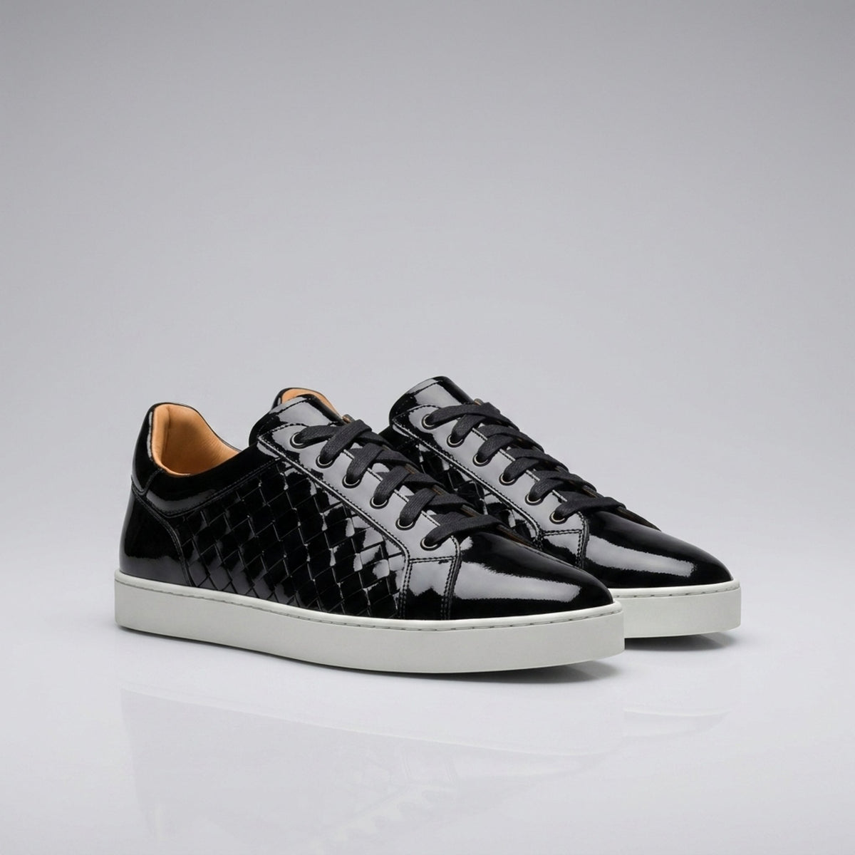 Height Increasing Black Patent Leather Matera Woven Sneaker - 3 Inch Hidden Heel
