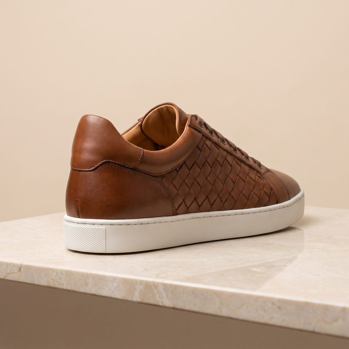 Height Increasing Brown Leather Sibari Woven Sneaker - 3 Inch Hidden Heel – back view