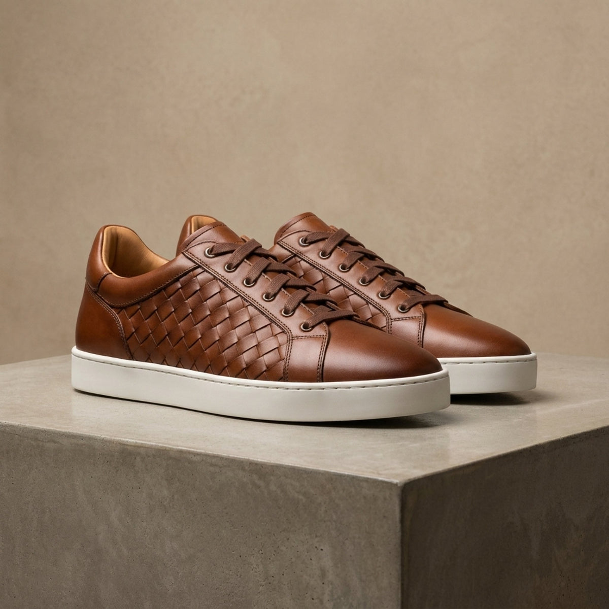 Brown Leather Sibari Woven Sneaker