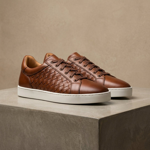 Height Increasing Brown Leather Sibari Woven Sneaker - 3 Inch Hidden Heel