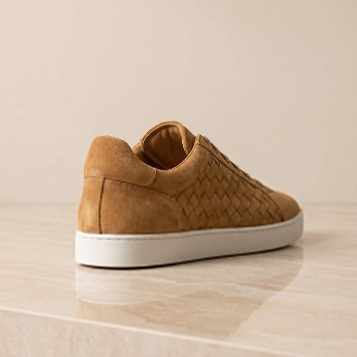 Height Increasing Tan Suede Squillace Woven Sneaker - 3 Inch Hidden Heel – back view