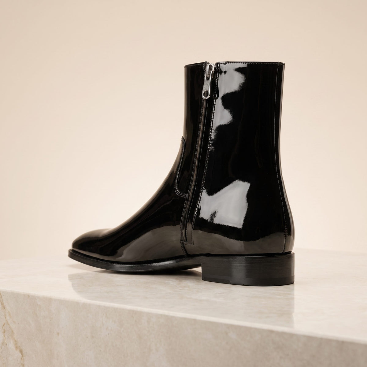 Height Increasing Black Patent Leather Bovalino Zip Ankle Boot - 3 Inch Hidden Heel – back view