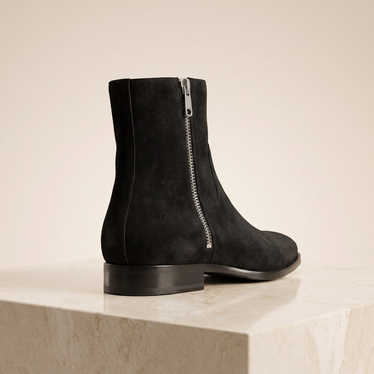 Height Increasing Black Suede Africo Zip Ankle Boot - 3 Inch Hidden Heel – back view