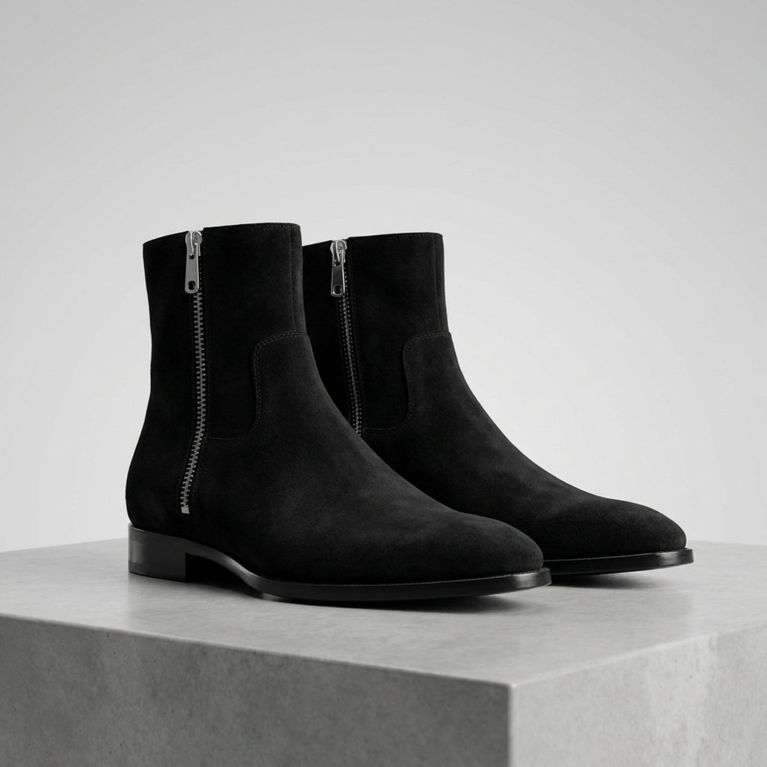 Height Increasing Black Suede Africo Zip Ankle Boot - 3 Inch Hidden Heel