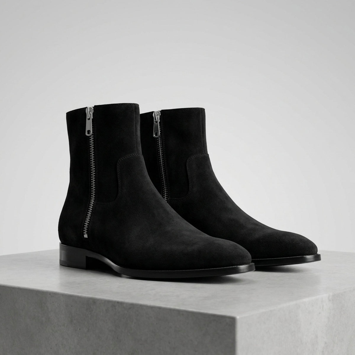 Height Increasing Black Suede Africo Zip Ankle Boot - 3 Inch Hidden Heel
