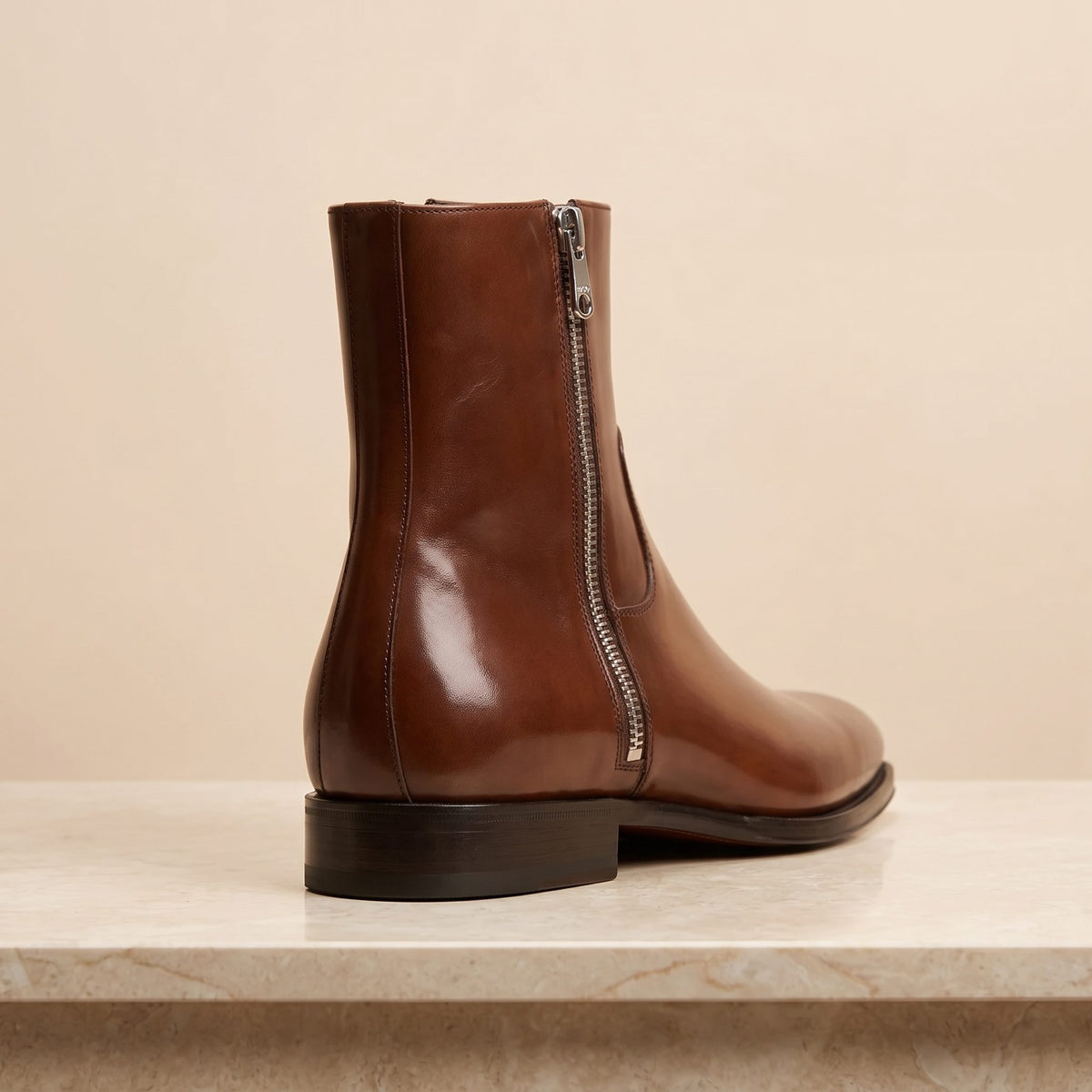 Height Increasing Brown Leather Melito Zip Ankle Boot - 3 Inch Hidden Heel – back view