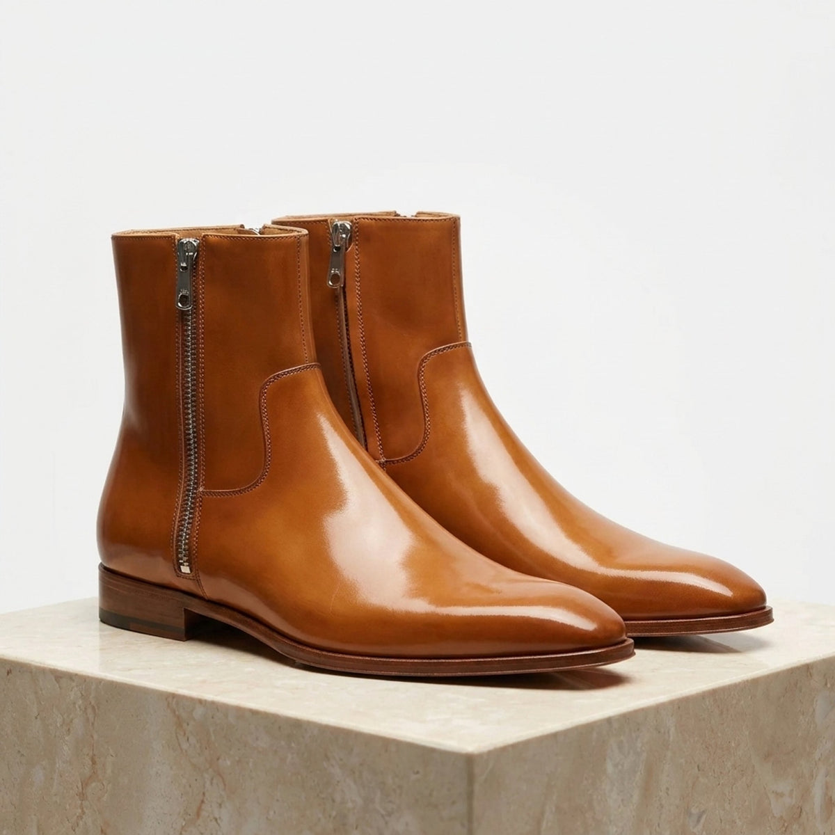 Height Increasing Tan Leather Milazzo Zip Ankle Boot - 3 Inch Hidden Heel