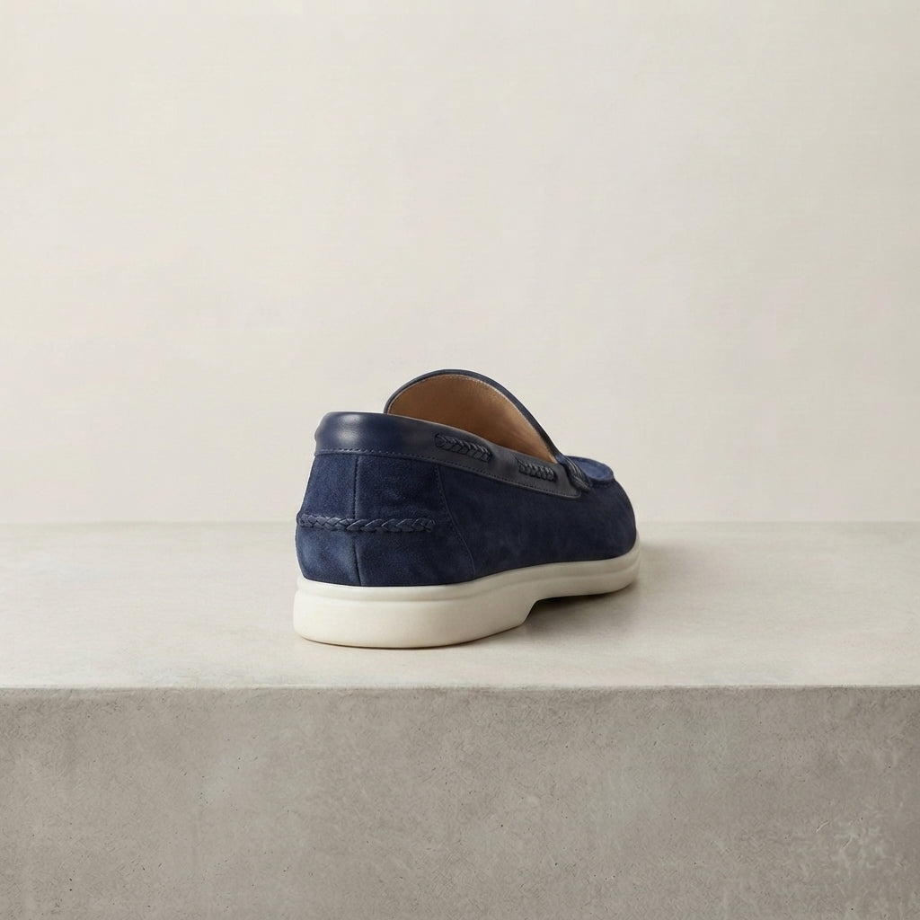 Height Increasing Navy Suede Mildew Loafer with White Yacht Sole - 3 Inch Hidden Heel – heel view
