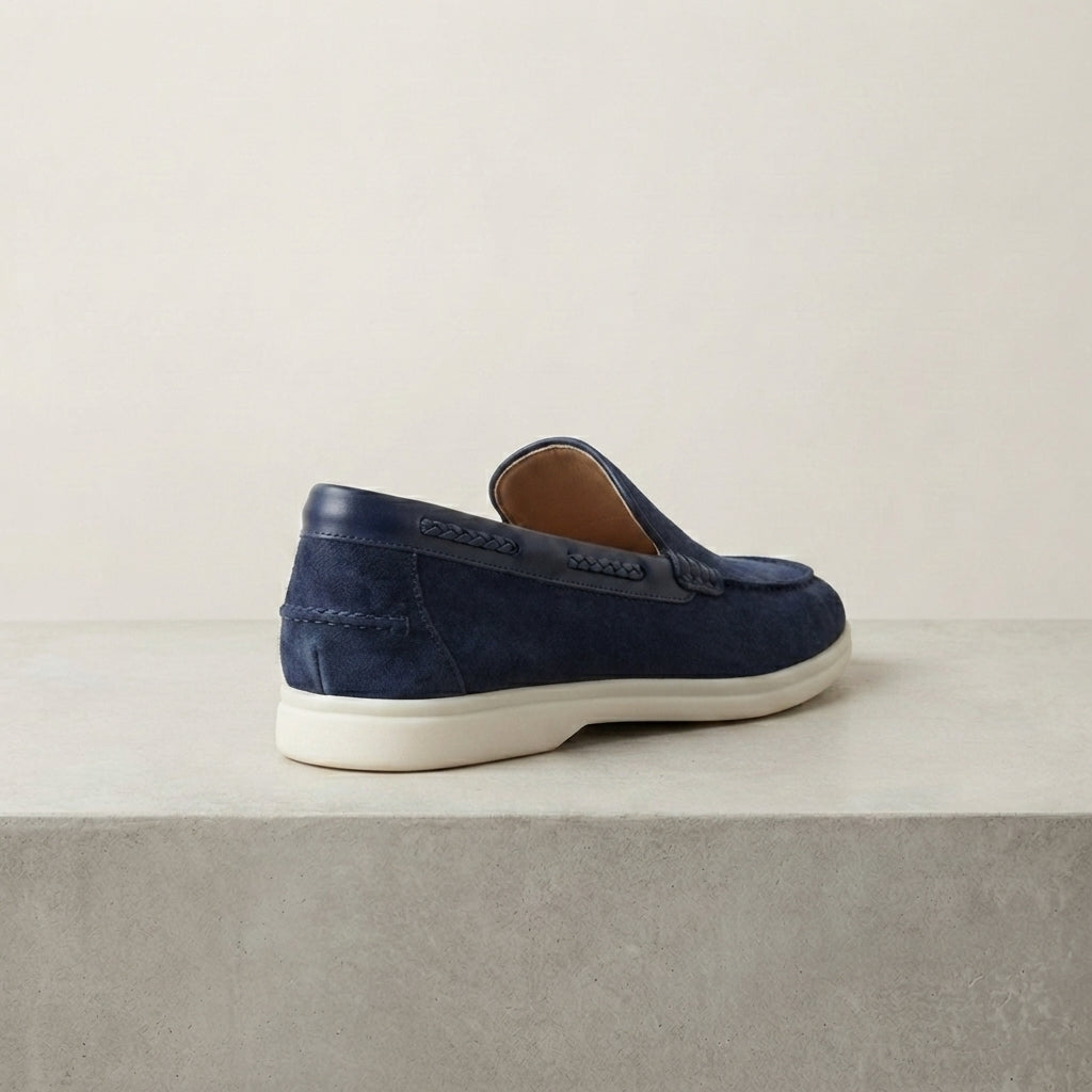 Navy Suede Mildew Loafer with White Yacht Sole – heel view