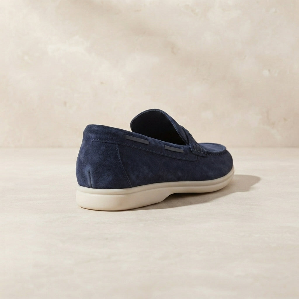 Height Increasing Navy Suede Mildew Loafer with White Yacht Sole - 3 Inch Hidden Heel – heel view