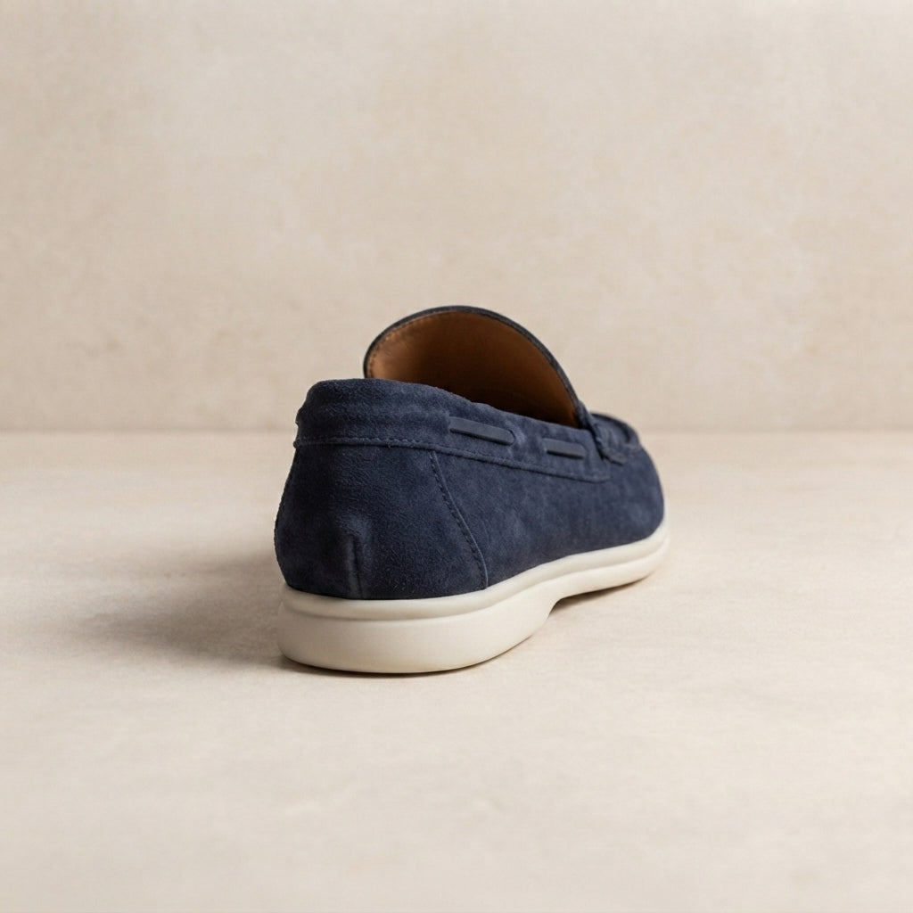 Navy Suede Mildew Loafer with White Yacht Sole – heel view