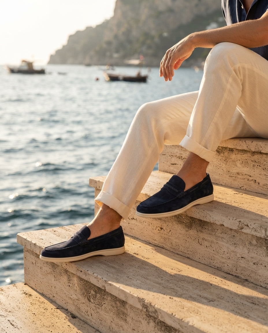 Navy Suede Mildew Loafer with White Yacht Sole – lifestyle