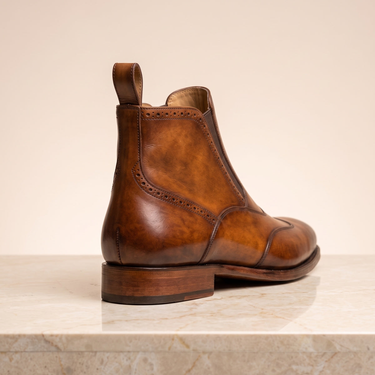 Tan Patina Leather Grecale Wingtip Chelsea Boot – back view