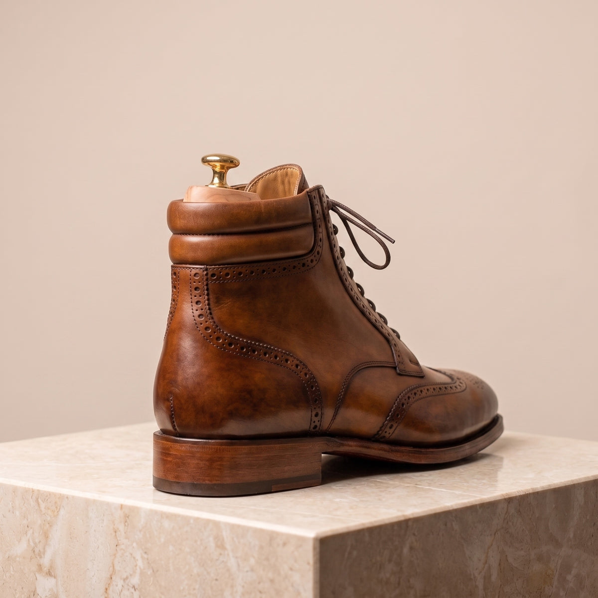 Tan Patina Leather Levante Wingtip Lace-Up Boot – back view