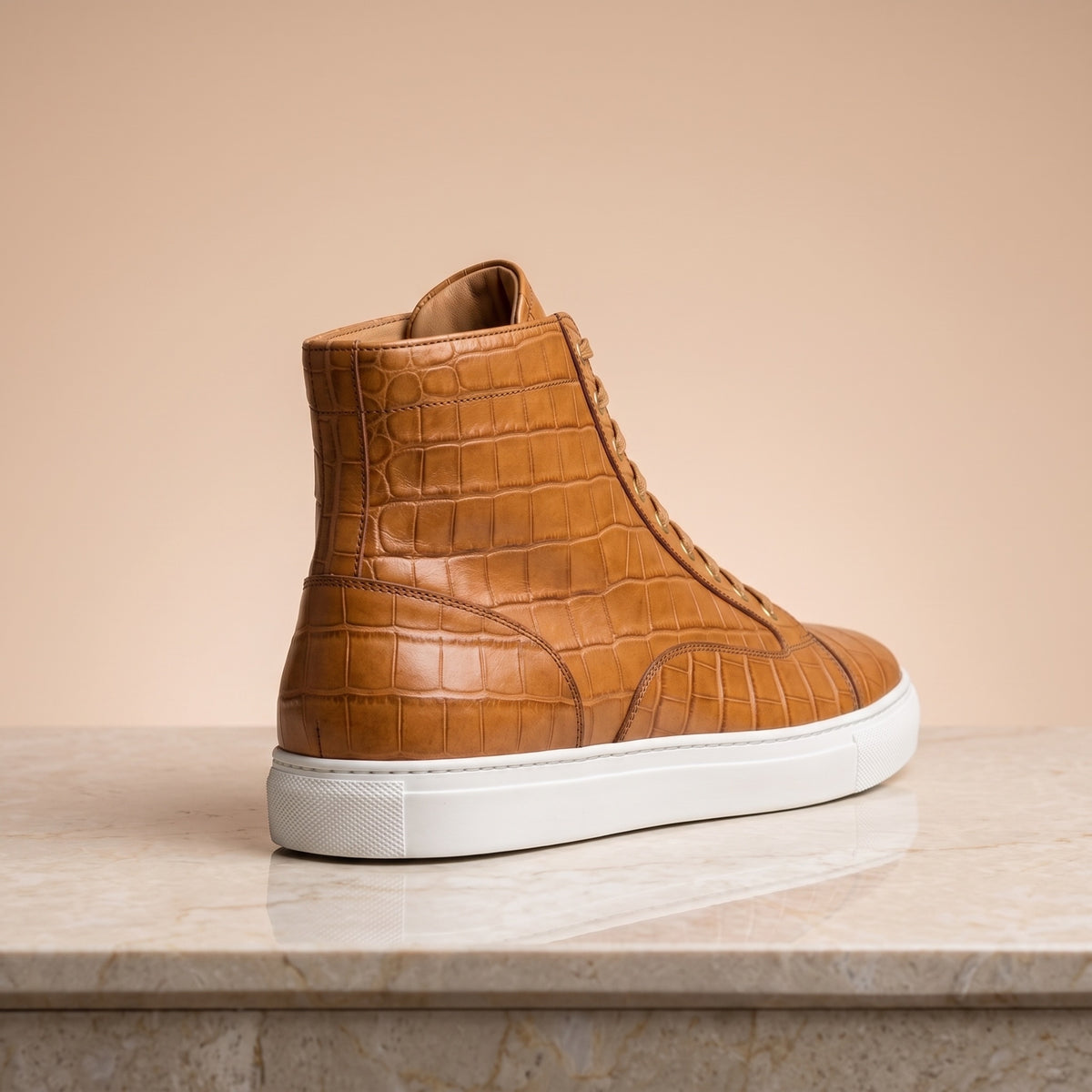 Tan Crocodile-Print Leather Maestrale High-Top Lace-Up Sneaker – back view