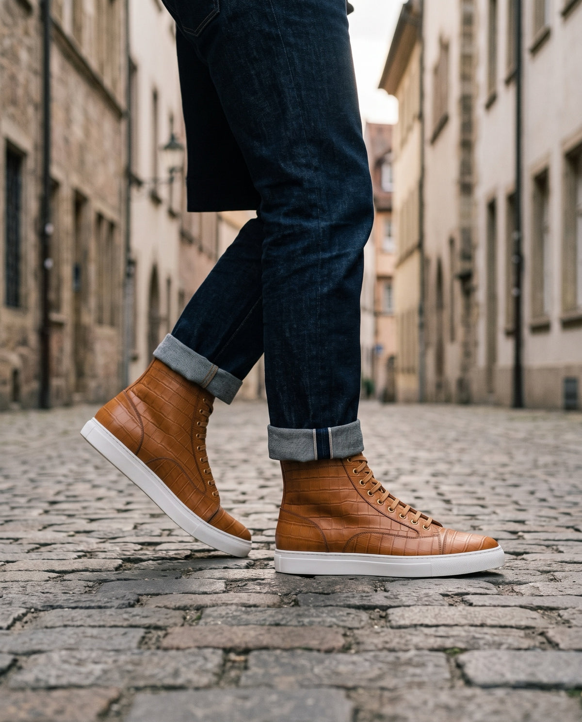 Tan Crocodile-Print Leather Maestrale High-Top Lace-Up Sneaker – lifestyle
