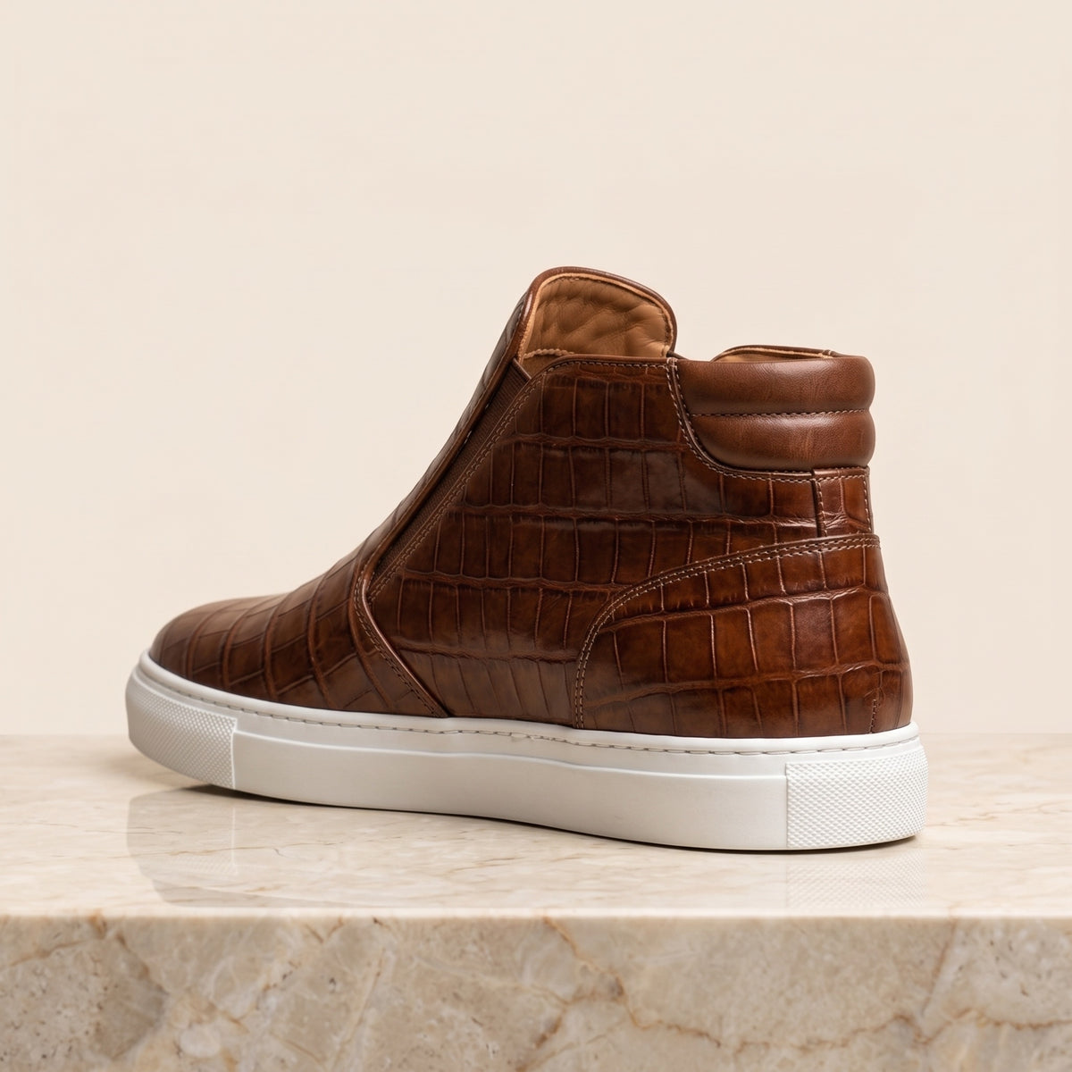 Brown Crocodile-Print Leather Maestrale High-Top Slip-On Sneaker – back view