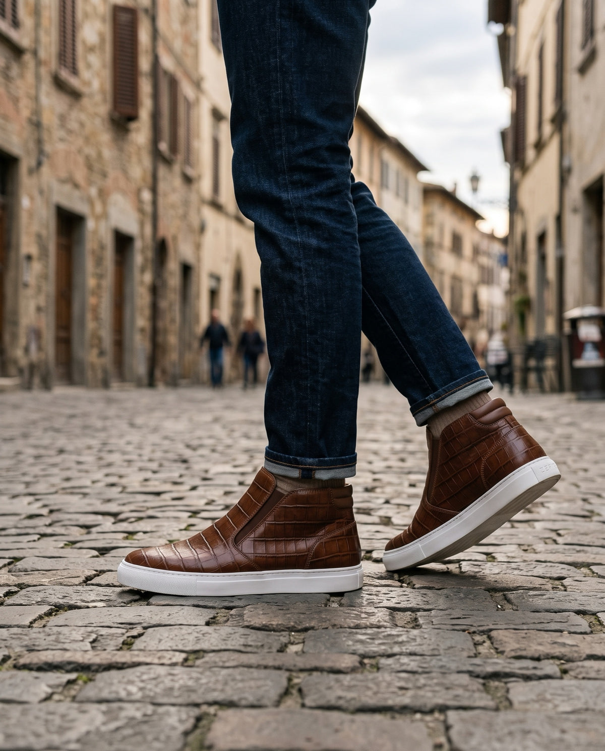 Brown Crocodile-Print Leather Maestrale High-Top Slip-On Sneaker – lifestyle
