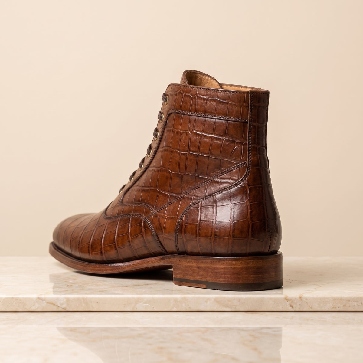 Brown Crocodile-Print Leather Favonio Wingtip Lace-Up Boot – back view