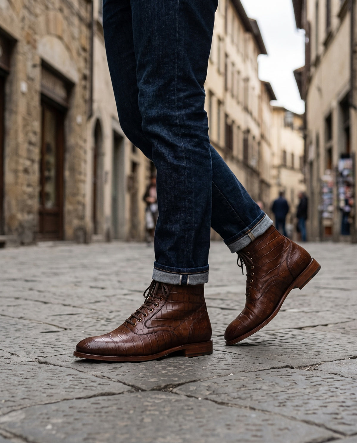 Brown Crocodile-Print Leather Favonio Wingtip Lace-Up Boot – lifestyle