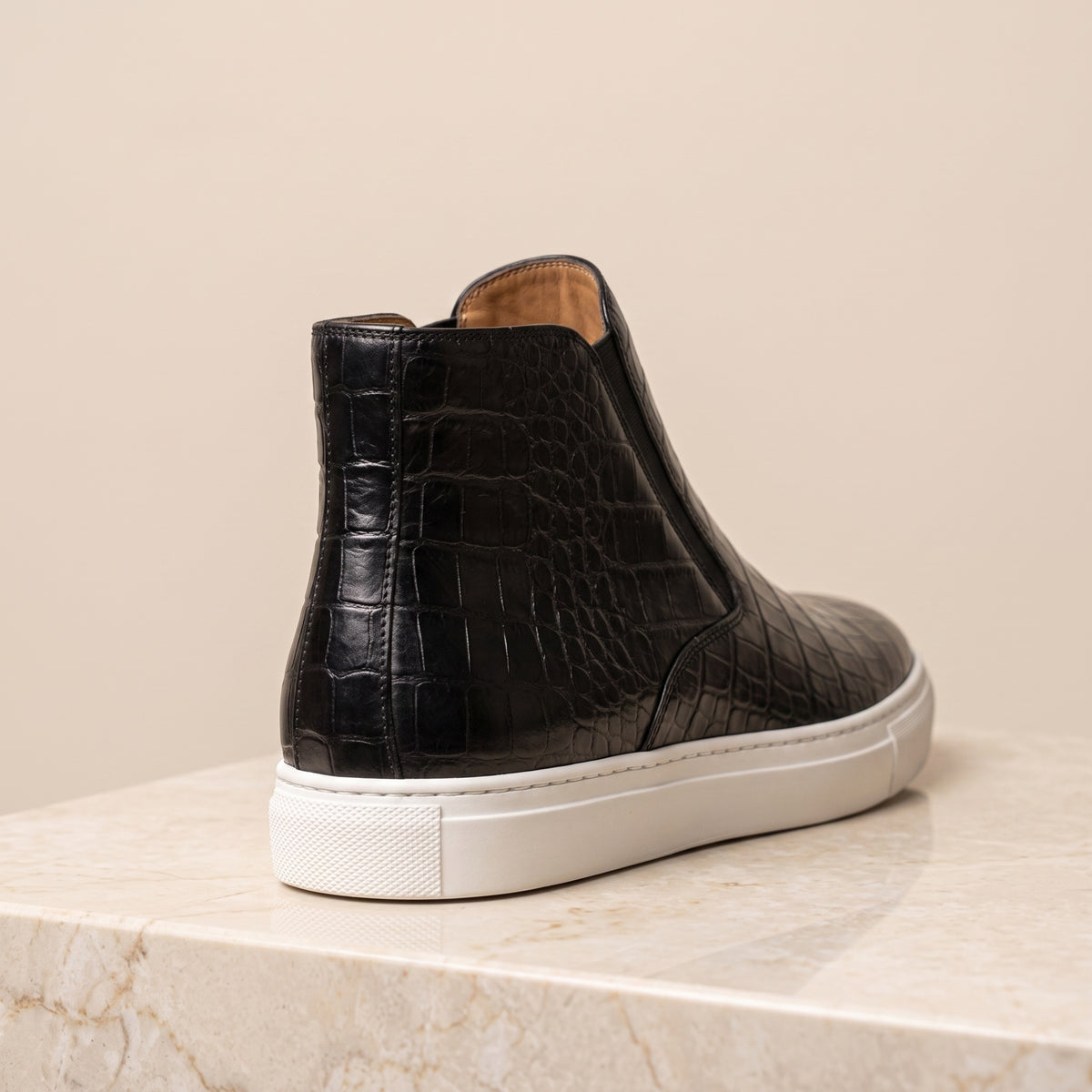 Height Increasing Black Crocodile-Print Leather Maestrale High-Top Slip-On Sneaker - 3 Inch Hidden Heel – back view