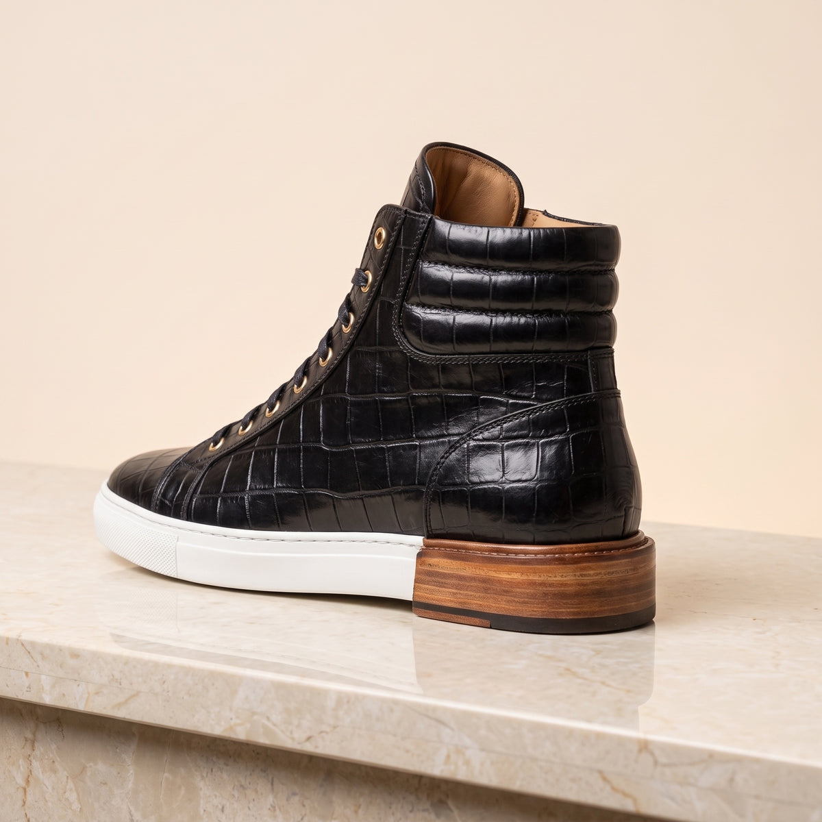 Black Crocodile-Print Leather Maestrale High-Top Lace-Up Sneaker – back view
