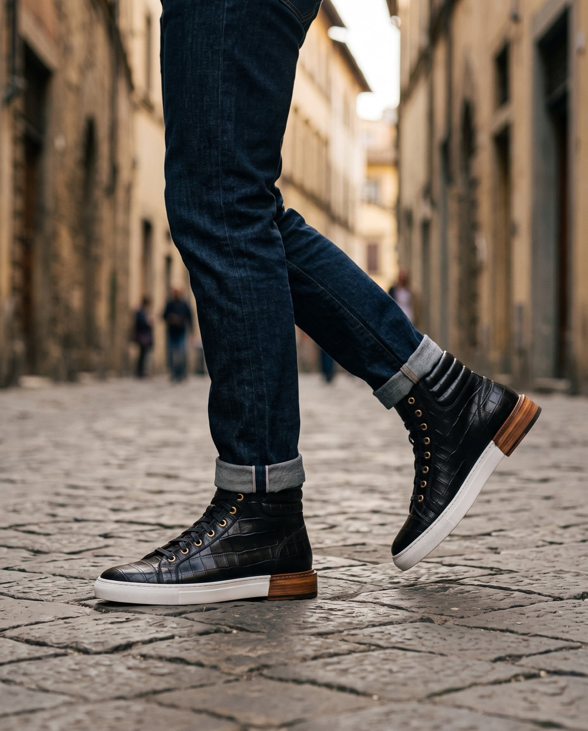 Height Increasing Black Crocodile-Print Leather Maestrale High-Top Lace-Up Sneaker - 3 Inch Hidden Heel – lifestyle