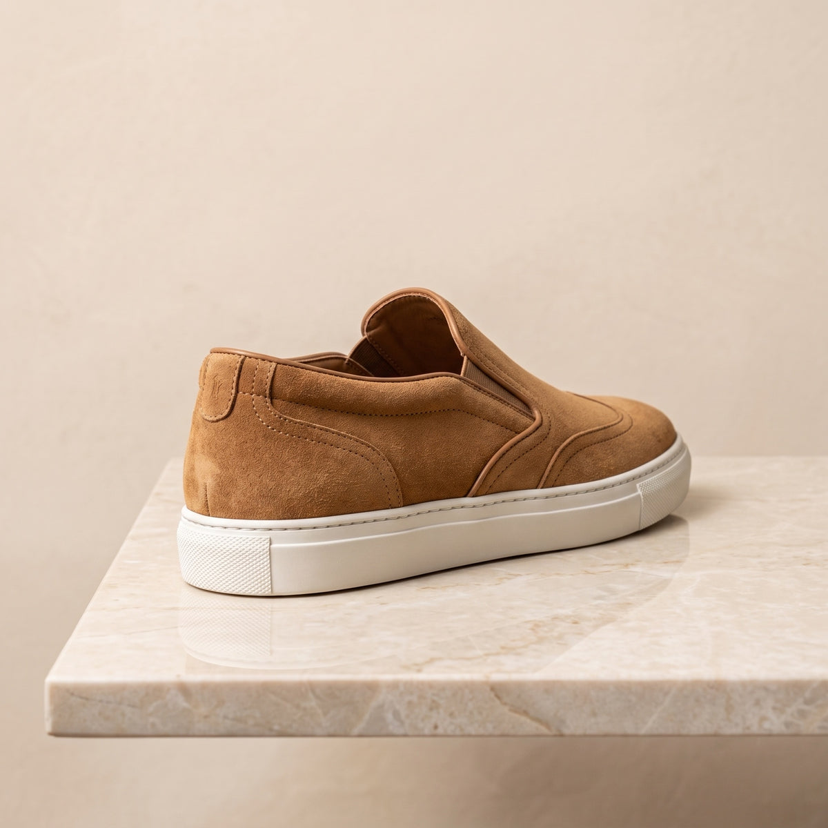 Height Increasing Tan Suede Sorrento Slip-On Sneaker with White Cup Sole - 3 Inch Hidden Heel – back view