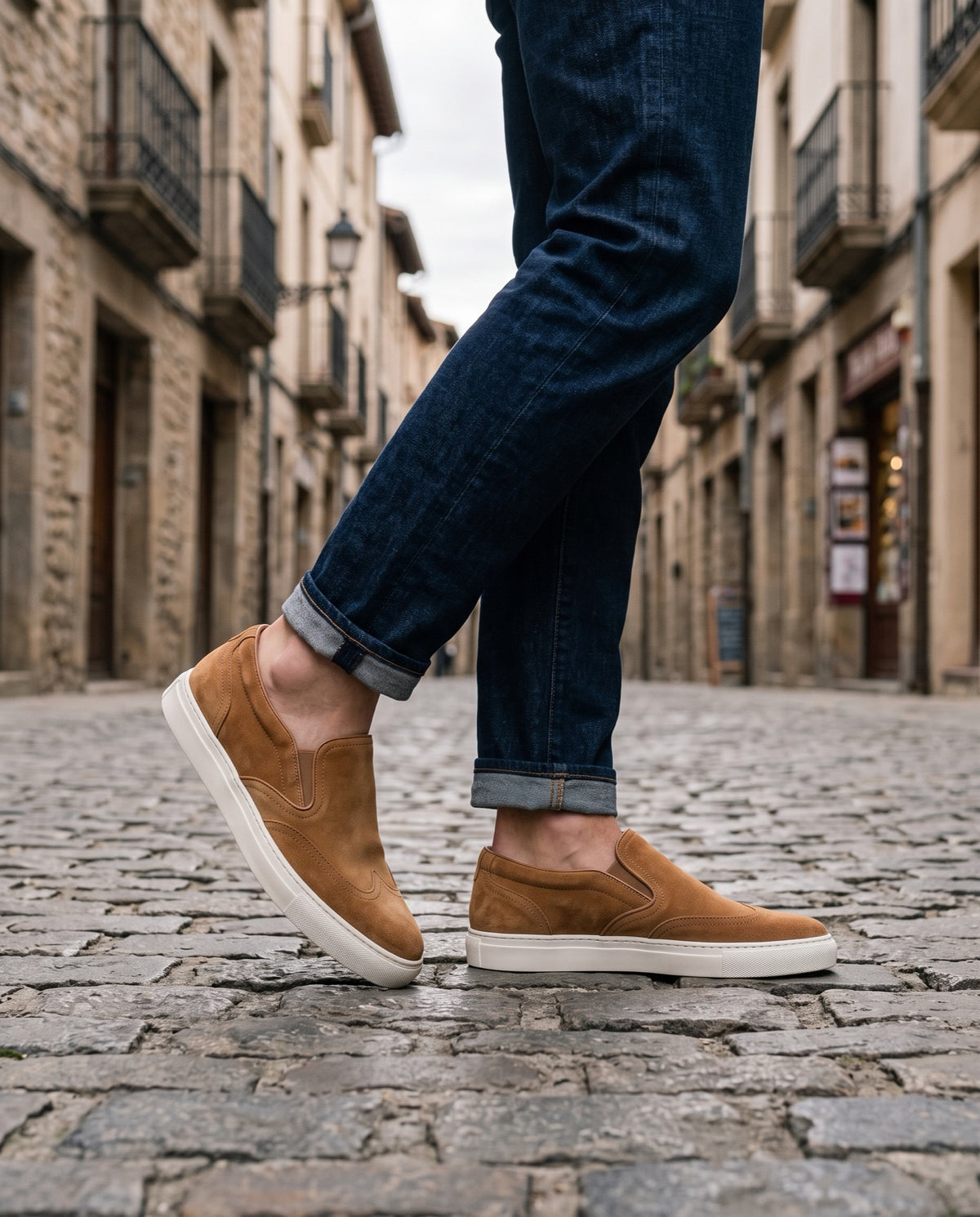 Tan Suede Sorrento Slip-On Sneaker with White Cup Sole – lifestyle