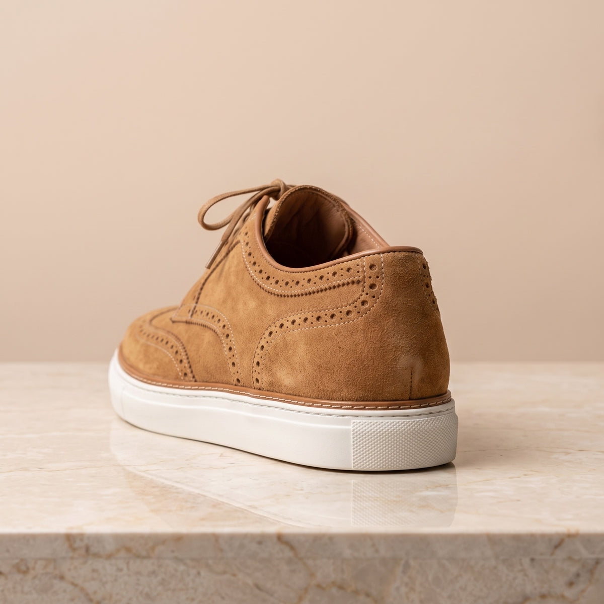 Tan Suede Ravello Lace-Up Sneaker with White Cup Sole – back view