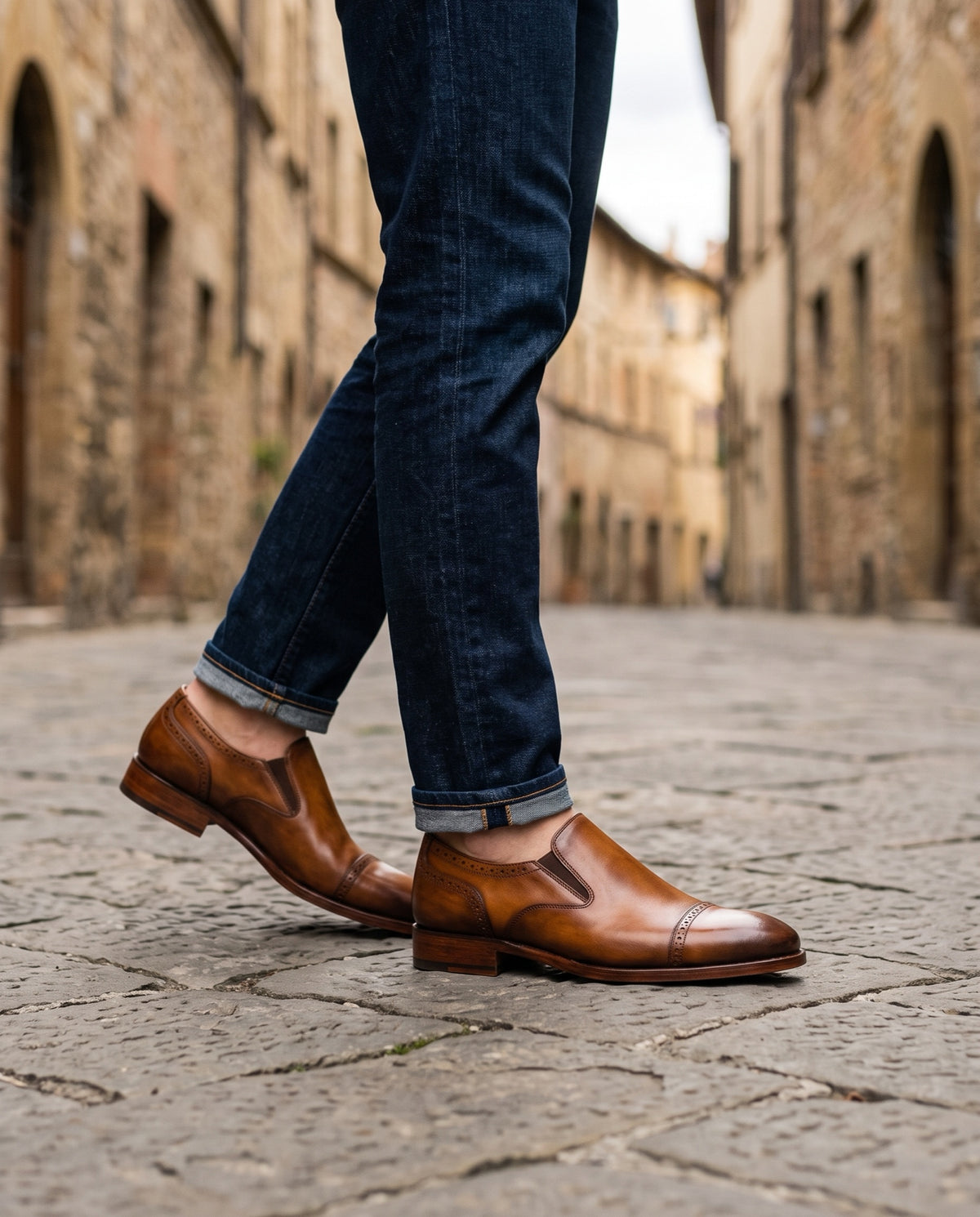 Tan Patina Leather Rapallo Cap-Toe Slip-On – lifestyle